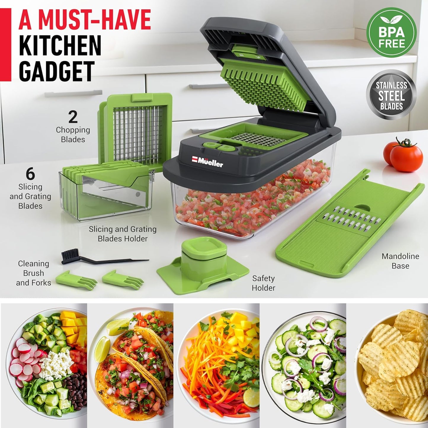 MUELLER HOME Pro-Series 10-in-1, 8 Blade Stainless Steel Multi Vegetable Chopper And Mandoline Slicer, Kitchen Tools and Gadgets, Food and Veggie Chopper, Mincer, Dicer, French Fry Cutter, Black