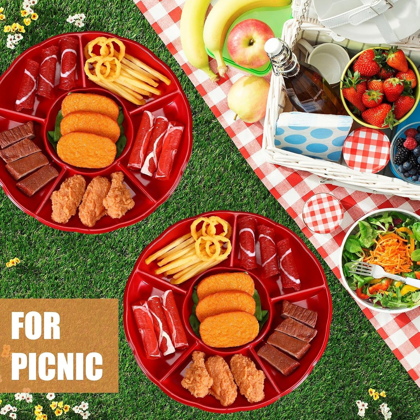 Rtteri 12 Pcs Plastic Divided Serving Trays 12 Inch Round Chip Dip Plate 6 Sectional Snacks Serving Dish Food Platters for Party Candy Nuts Fruits Veggies(Colorful)