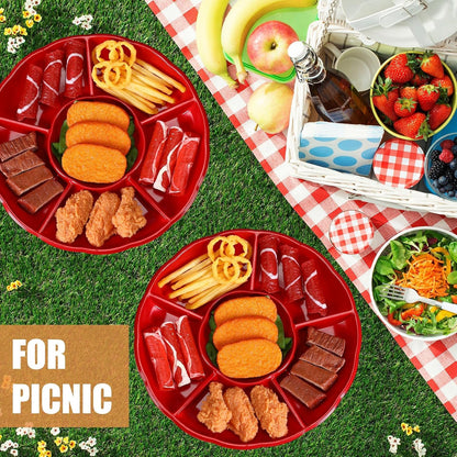 Rtteri 12 Pcs Plastic Divided Serving Trays 12 Inch Round Chip Dip Plate 6 Sectional Snacks Serving Dish Food Platters for Party Candy Nuts Fruits Veggies(Colorful)