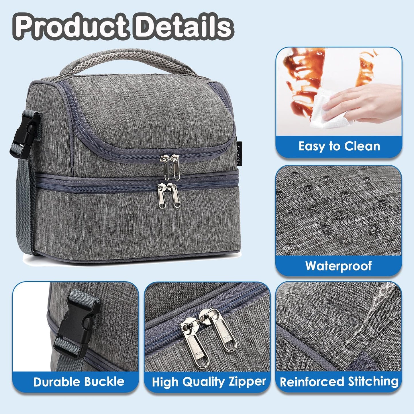 FlowFly Kids Double Decker Cooler Insulated Lunch Bag Large Tote for Boys, Girls, Men, Women, With Adjustable Strap, Unicorn