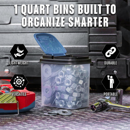 Buddeez Multi-Purpose Hardware Storage Bins Bits and Bolts Small Storage Containers, Hardware Organizers, Clear Containers With Blue Stackable Lids, Bolt and Screw Organizer (1 Quart - 8 Pack)