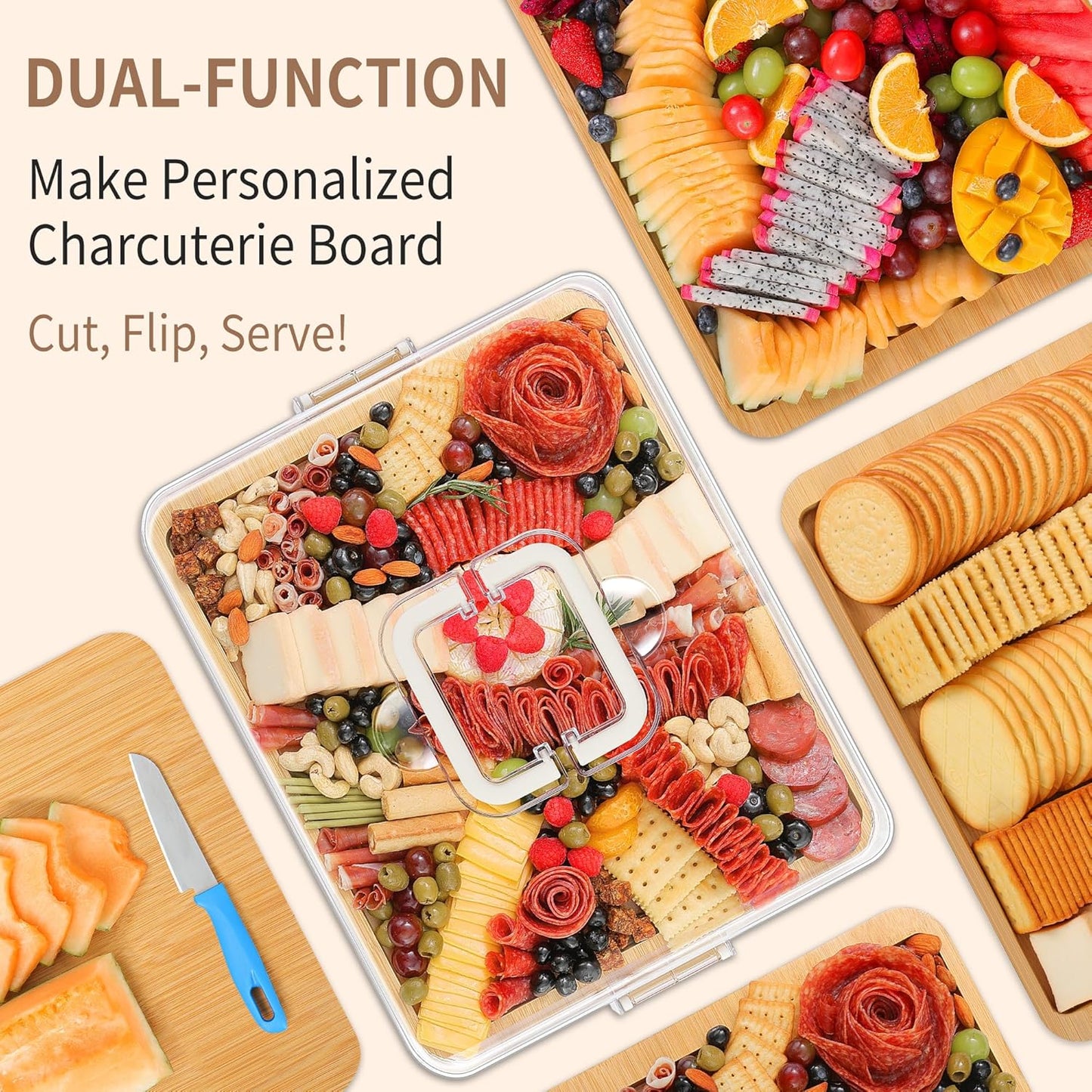 CAWIU Portable Travel Charcuterie Board with Lid and Handle - Large Bamboo Cheese Board with 4 Cheese Knife Set for Outdoor, Picnics - Weddings, House Warming Gift for Women (1 Compartment, White)