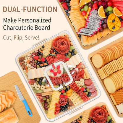 CAWIU Portable Travel Charcuterie Board with Lid and Handle - Large Bamboo Cheese Board with 4 Cheese Knife Set for Outdoor, Picnics - Weddings, House Warming Gift for Women (1 Compartment, White)