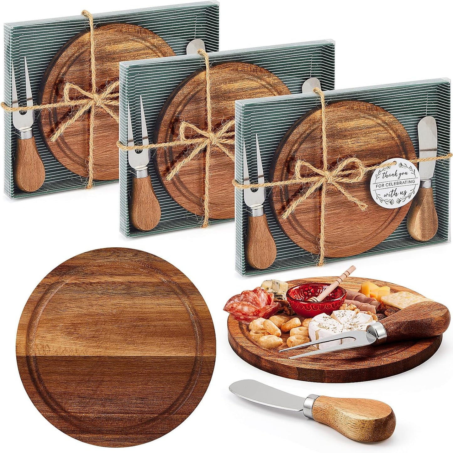 Maxcheck 6 Sets Baby Shower Bridal Game Prizes for Winners Round Cheese Board Set Wood Mini Charcuterie Board with Knives and Forks Thank You Card with Gift Box for Guests Wedding (Bamboo)