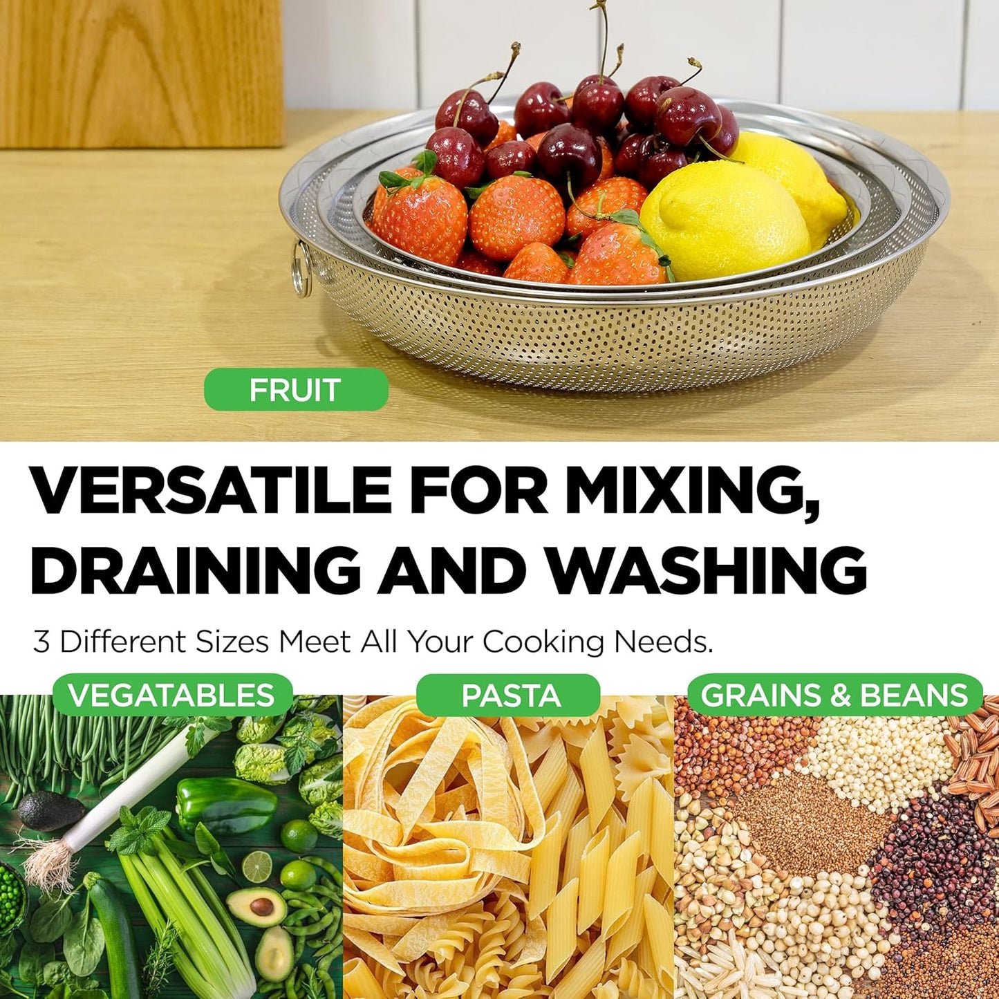 Premium 18/8 304 Stainless Steel Micro-Perforated Small and Big Colander Set of 4 with rings - 3.5-5.5-7.5-9.5 Quart Set, Self-Draining Solid Base for Pasta, Fruits, Vegetables