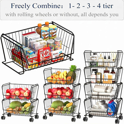 PUSDON 4-Tier Spacious Stackable Wire Storage Baskets with Wheels, Metal Rolling Utility Cart Organizer, Fruit and Vegetable Produce Basket for Kitchen Pantry, Everyday Bathroom Shelf, Silver Grey