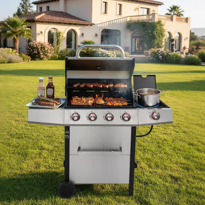 4-in-1 Propane & Charcoal Grill Combo, 4-Burner Gas Griddle with Side Burner, Cast Iron Grates, Outdoor BBQ for Patio & Backyard