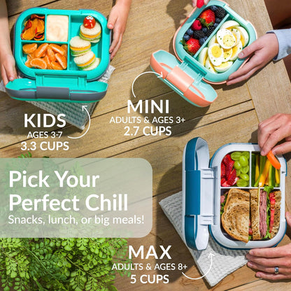 Bentgo Chill Max Leak-Proof XL Lunch Box - Included Ice Pack Keeps Food Cold; 5-Cup Capacity for Adults & Ages 8+, 3 or 4 Compartment Bento Box, BPA-Free, Dishwasher Safe (Bone & Glacier Blue)