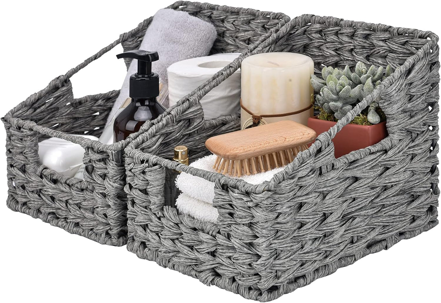 GRANNY SAYS Wicker Storage Baskets for Shelves, Trapezoid Woven Basket with Handles, Storage Wicker Baskets for Pantry, Water Hyacinth, 2-Pack