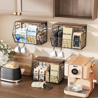 Delamu Stackable Metal Fruit Basket with Wood Lid 2 Pack, Hanging Wall Organizer for Kitchen Counter, Pantry Storage for Onions, Potatoes, Garlic, Fruits, Spices, Black