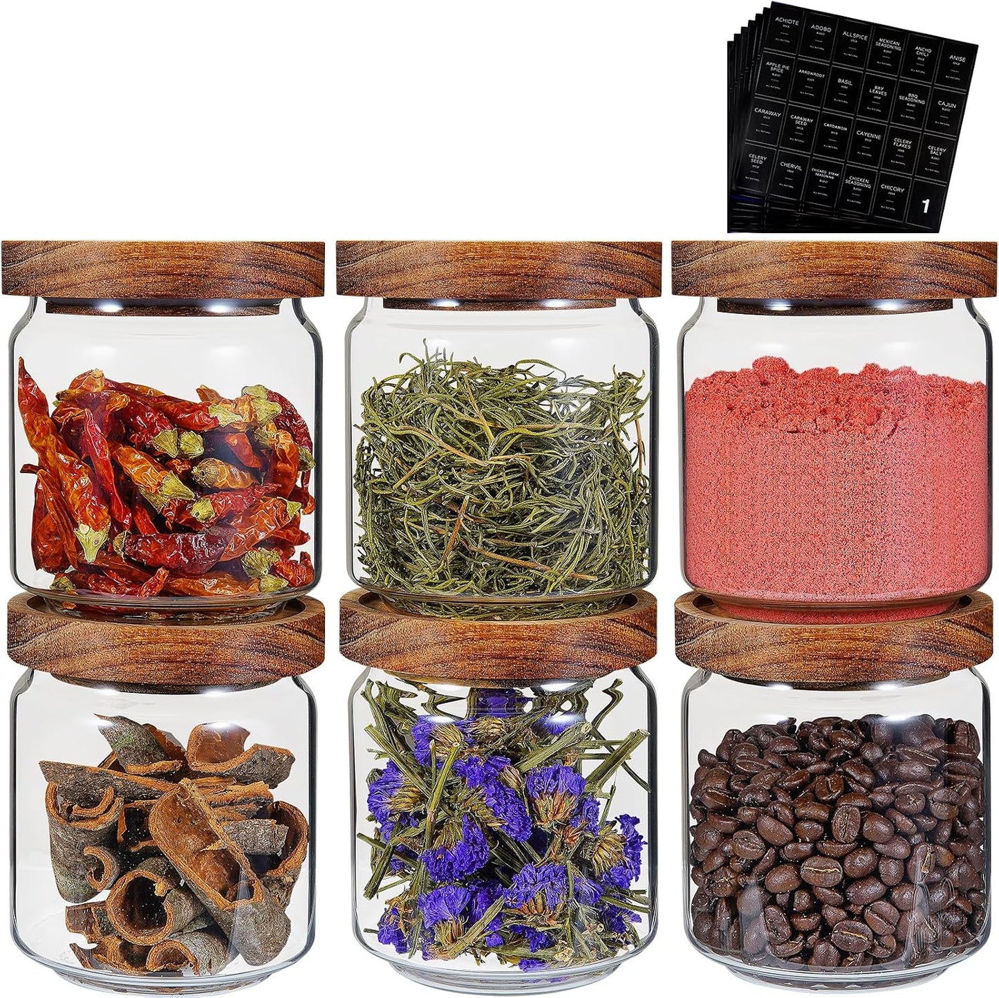 6 pc Glass Spice jars Glass Jars with Screw Lid 5 oz Acacia Wood Glass Herb Sugar Coffee Bean Ground Container Food Storage Canister for Candy Pantry Tea Seasoning Meal Prep Snack (6*150ml(5oz))
