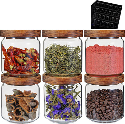 6 pc Glass Spice jars Glass Jars with Screw Lid 5 oz Acacia Wood Glass Herb Sugar Coffee Bean Ground Container Food Storage Canister for Candy Pantry Tea Seasoning Meal Prep Snack (6*150ml(5oz))