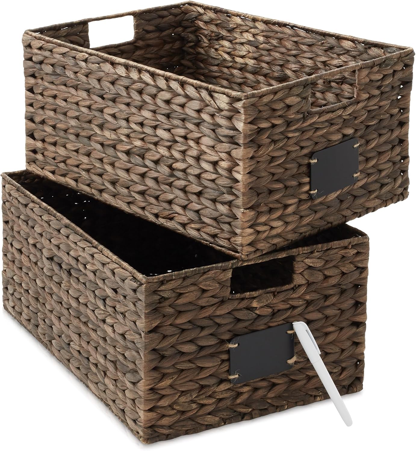 Casafield Set of 4 Water Hyacinth Pantry Baskets, 10" x 13" x 5", with Chalkboard Labels and Chalk Marker - Natural, Woven Storage Bin Organizers for Kitchen Shelves
