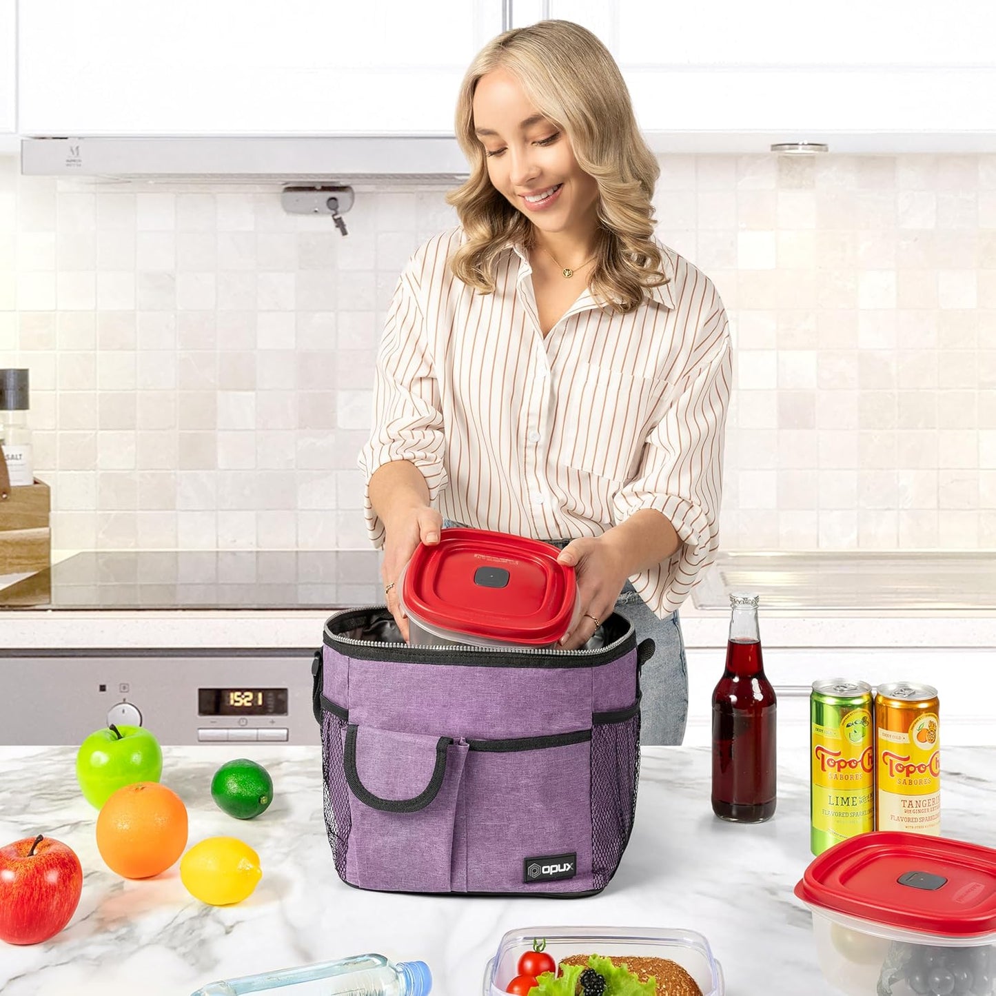 opux Insulated Lunch Bag for Men Women, Leakproof Black Lunch Box for Work, Portable Soft Lunch Cooler Bag with Shoulder Strap, Adult Lunchbox Lunch Pail for Kid Boy Girl School, 14 Can/8L