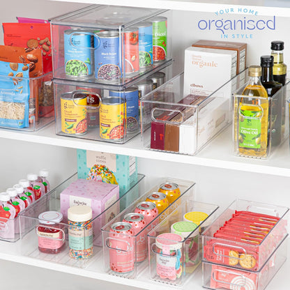 Plastic Food Storage 4 Pack Clear Container Bin with Handles for Organizing Kitchen, Pantry, Refrigerator, Freezer, Pantry, Cabinet, Closet, Bathroom. Stackable 10”x6”x3”
