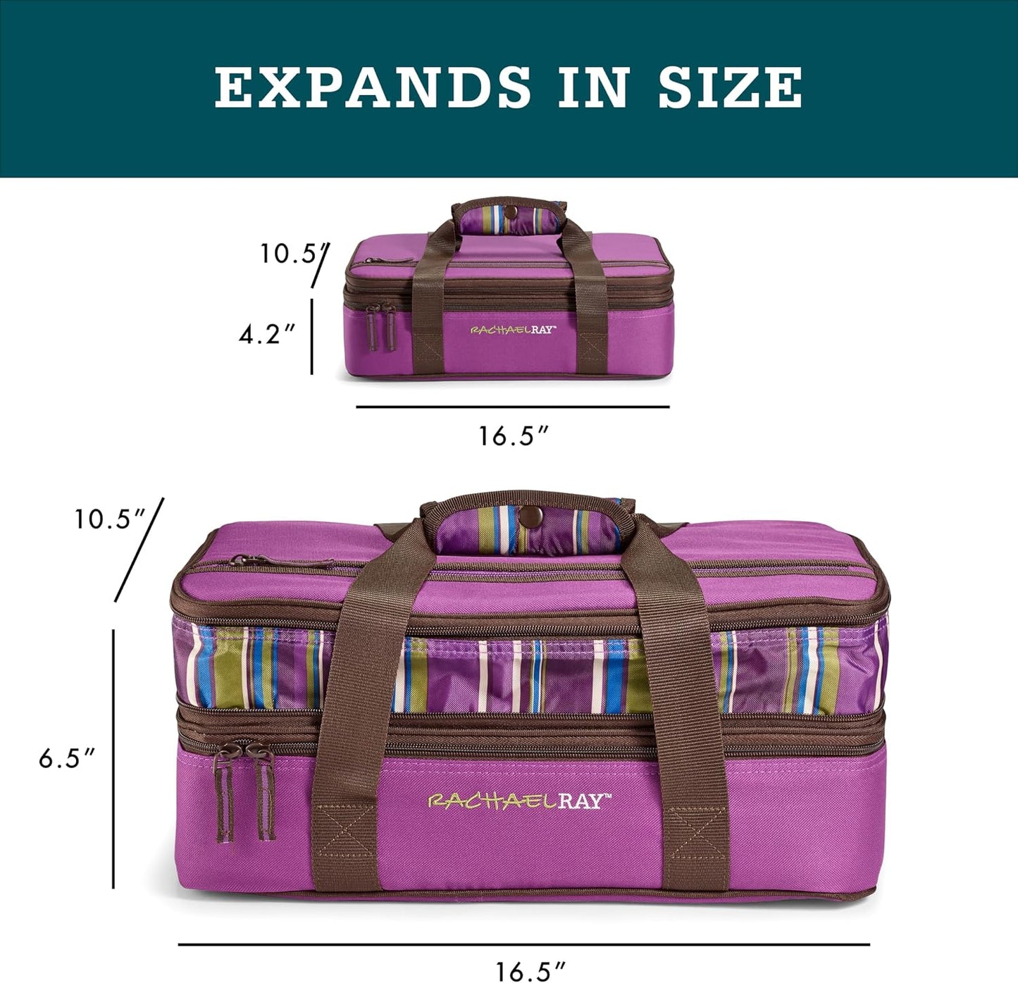 Rachael Ray Expandable Lasagna Lugger, Insulated Casserole Carrier, Fits 9"x13" Baking Dish, Purple