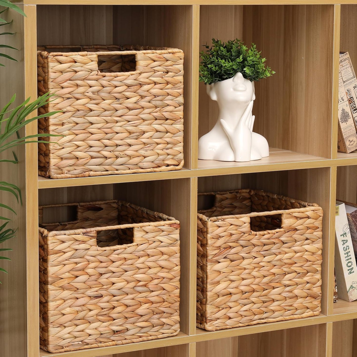 12x12x10in Water Hyacinth Storage Basket Large, Folding Cube Woven Wicker Storage Basket for Shelves, Pantry Baskets Organization and Storage, Kitchen Storage Baskets, Large Rattan Basket Set of 3