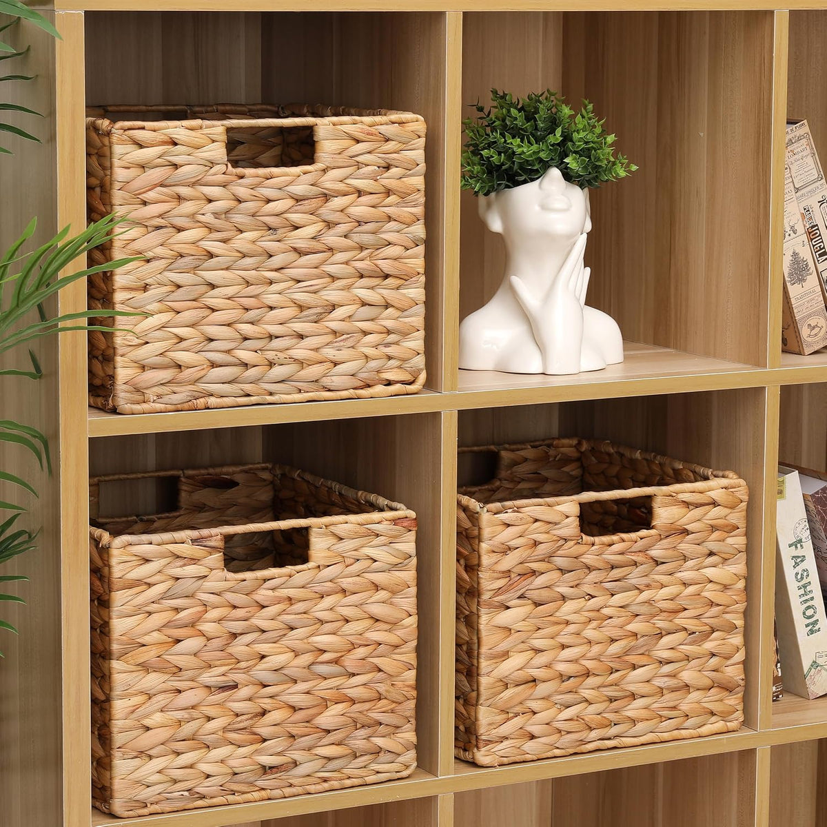 12x12x10in Water Hyacinth Storage Basket Large, Folding Cube Woven Wicker Storage Basket for Shelves, Pantry Baskets Organization and Storage, Kitchen Storage Baskets, Large Rattan Basket Set of 3