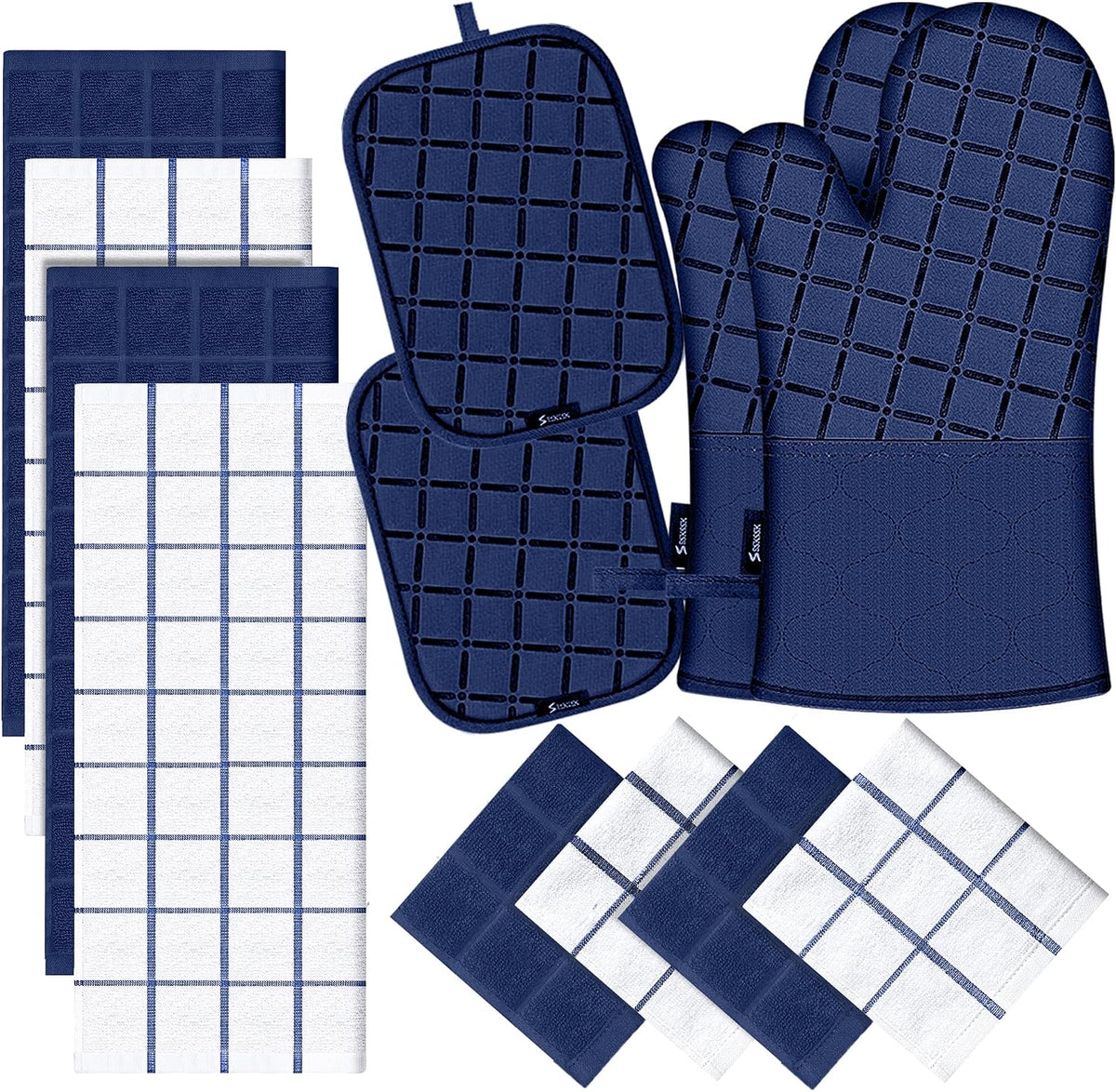 Oven Mitts Kitchen Towels and Dishcloths Pot Holders Sets, Oven Gloves Kitchen Dish Towels 500 Degree Heat Resistant Potholders with Non-Slip Silicone Surface for Cooking, Grilling, Baking-Gray