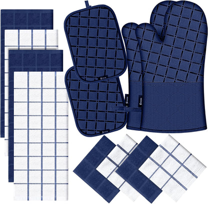 Oven Mitts Kitchen Towels and Dishcloths Pot Holders Sets, Oven Gloves Kitchen Dish Towels 500 Degree Heat Resistant Potholders with Non-Slip Silicone Surface for Cooking, Grilling, Baking-Gray