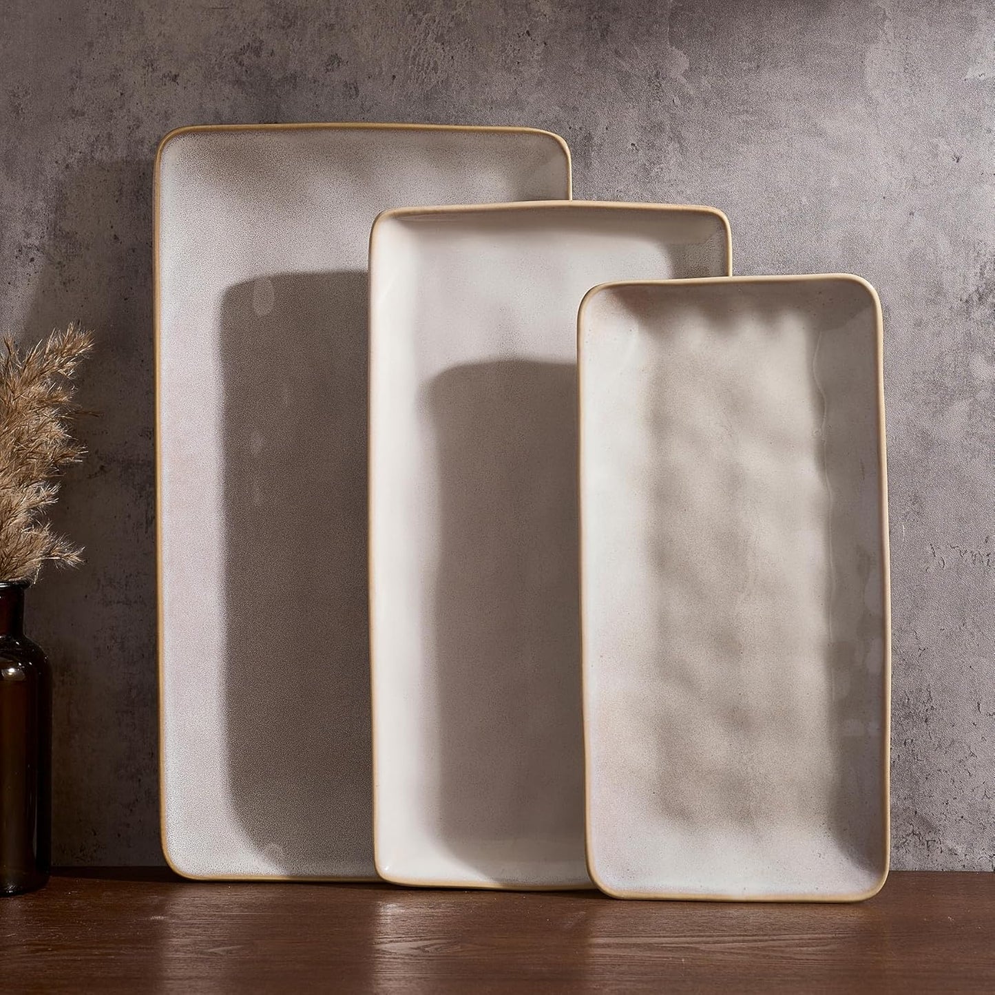 Famiware Serving Platter, Rectangular 15.67/14.1/12.6inch Serving Dishes for Entertaining, Microwave Dishwasher Safe, Stoneware Serving Trays for Party, Turkey, Cheese, Ocean Series, Cappuccino White
