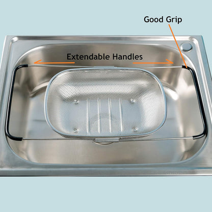 Over the Sink Strainer, Stainless Steel Kitchen Colander with Extendable Arms for Vegetable, Fruits and Pasta (5 quart)