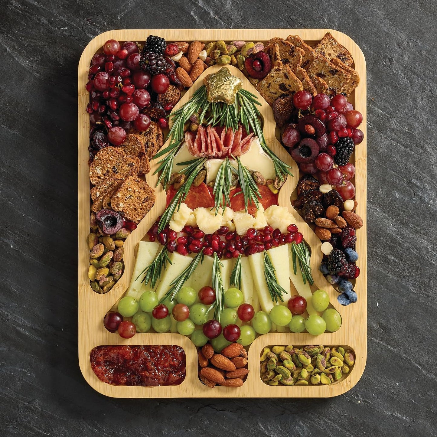 Farberware Build-A-Board Bamboo Cutting Board with Built-In Compartments & Clear Locking Lid, Black Handles, Charcuterie, Snack Tray, Food Prep and Serving Platter