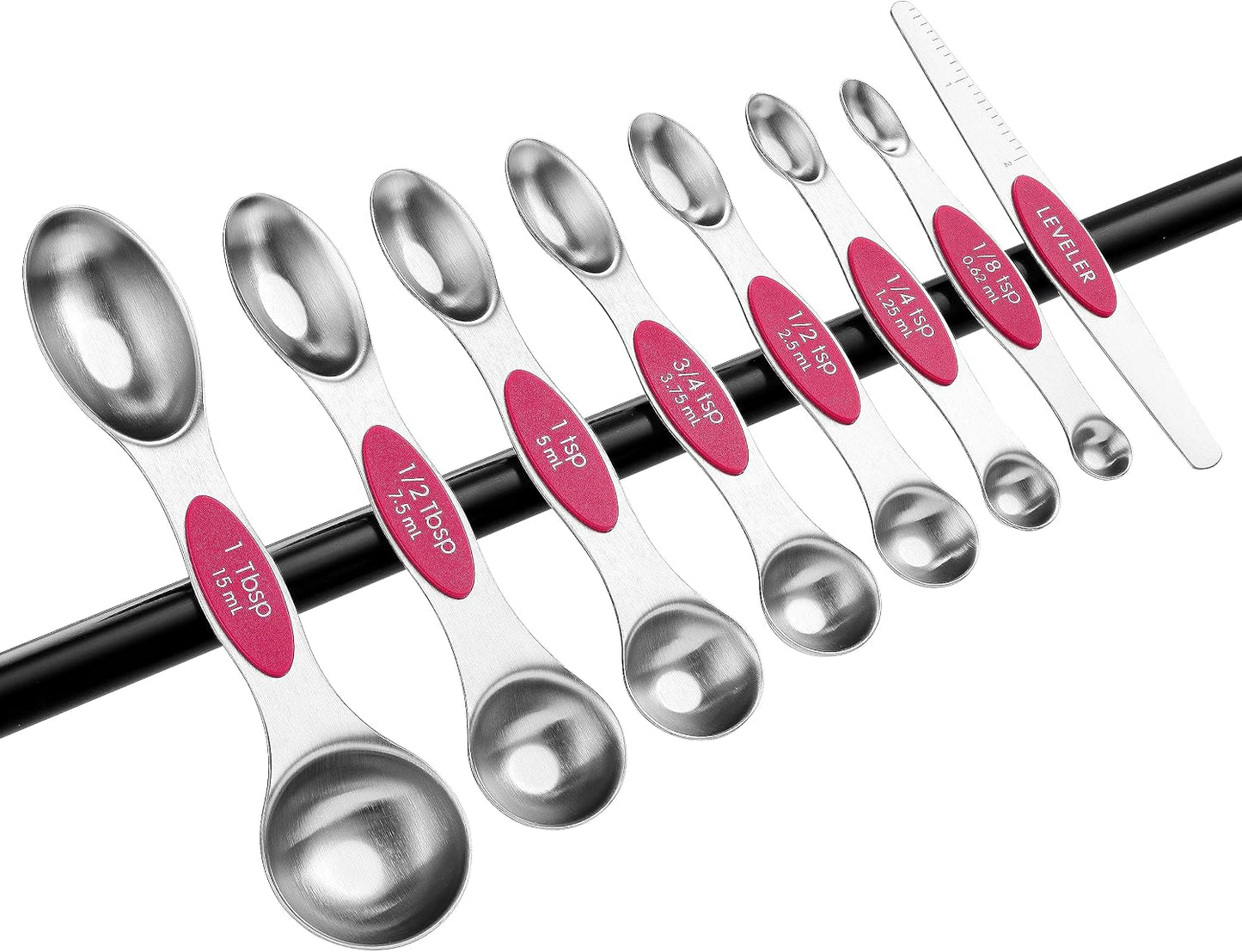 Spring Chef Stainless Steel Magnetic Measuring Spoons Set with Strong N45 Magnets, Heavy Duty Metal Kitchen Gadgets for Baking & Cooking, Fits in Most Kitchen Spice Jars, Set of 8 with Leveler, Black