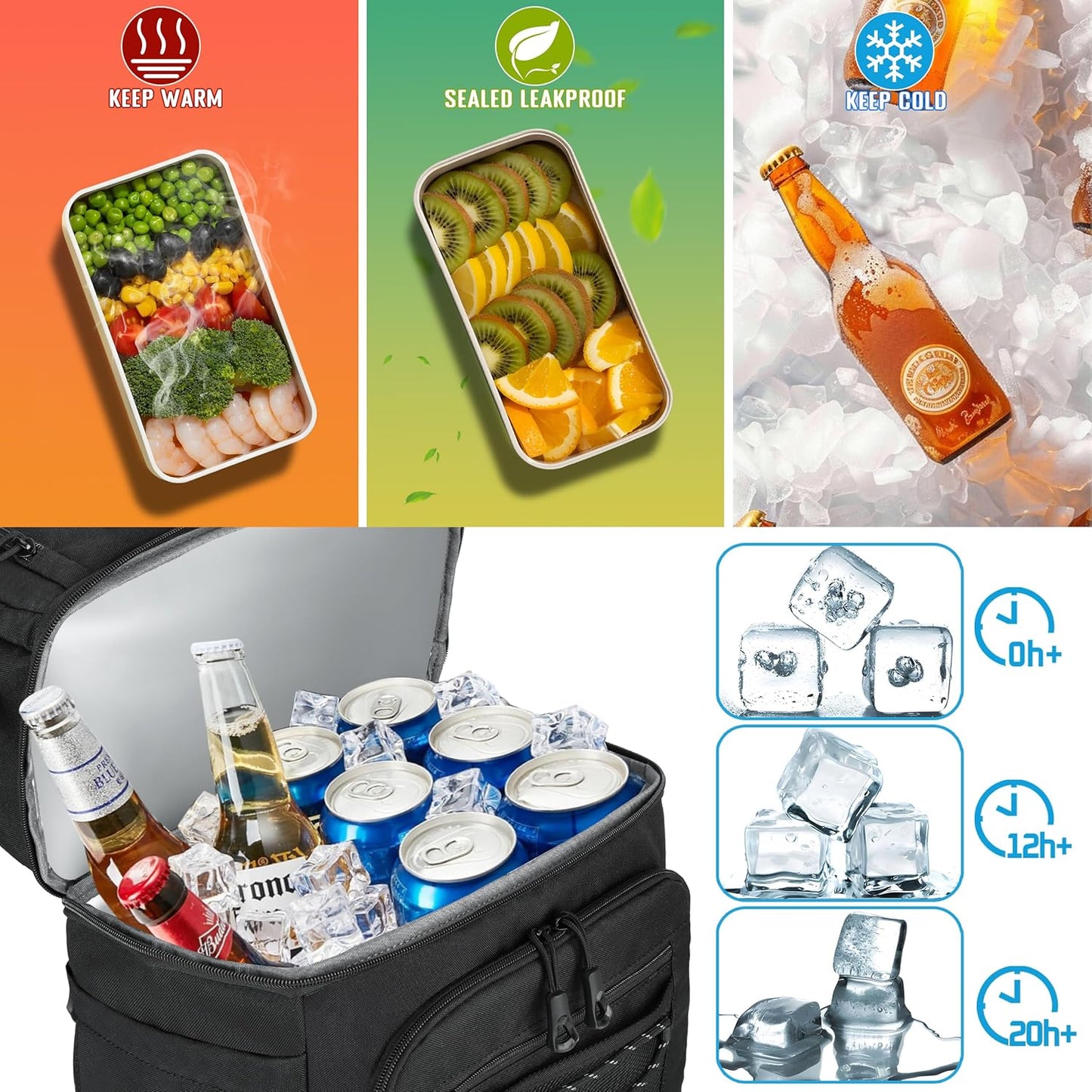 MOZETO Lunch Cooler Backpack Double Deck Lunch Box Backpack Insulated Leakproof Compartments Coolers Bag for Beach Travel Picnic Lunch Hiking BBQ Camping