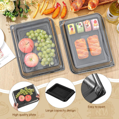 Tessco 12 Pcs Plastic Serving Trays with Lids Disposable Catering Trays 12.4 x 9.45 x 2.76 Inch Reusable Plastic Party Platters Charcuterie Board Box with Lids for Cookie Sandwich Christmas(Black)