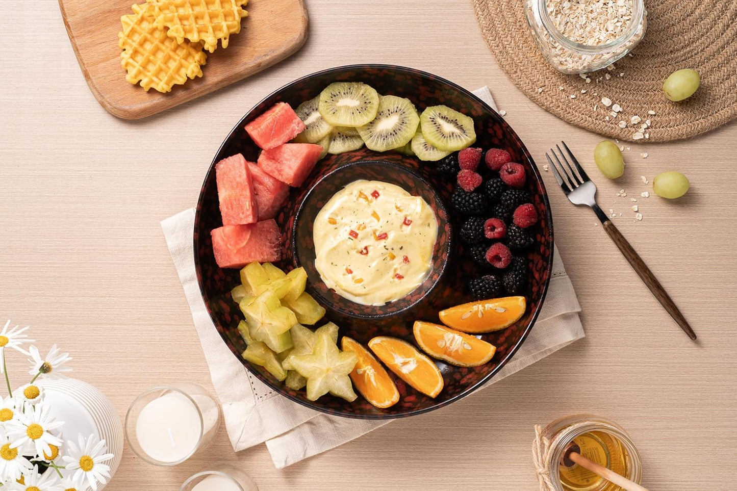 Ceramic Chips and Dip Serving Tray - Large Divided Party Bowl Set for Salsa, Veggies, Fruit & Snacks - Modern Minimalist Appetizer Platter with Unique Kiln-Change Glaze (Verdigris Green)