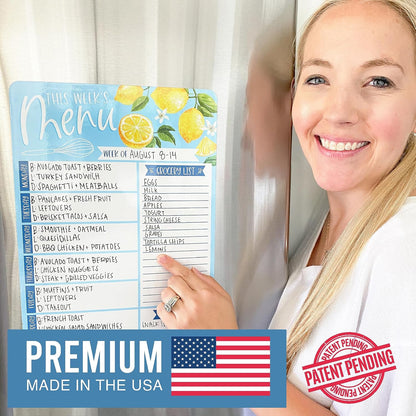 Hadley Designs Lemon Magnetic Weekly Meal Planner Dry Erase Board for Refrigerator - Weekly Dinner Menu Board for Kitchen Conversion Chart Magnet, Grocery List