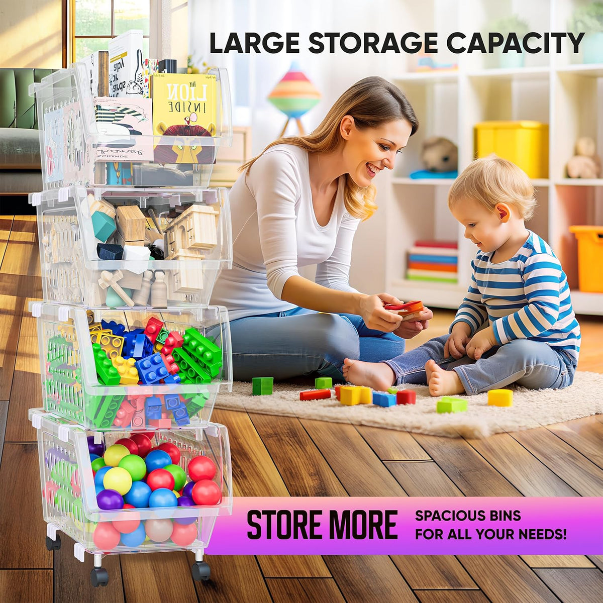 Large Stackable Storage Bins Open Front with Wheels, 4 Pack - Clear | Easy Assembly, Sturdy Plastic, Open Front Access, Smooth Rolling Wheels, Stackable, Large Capacity Storage