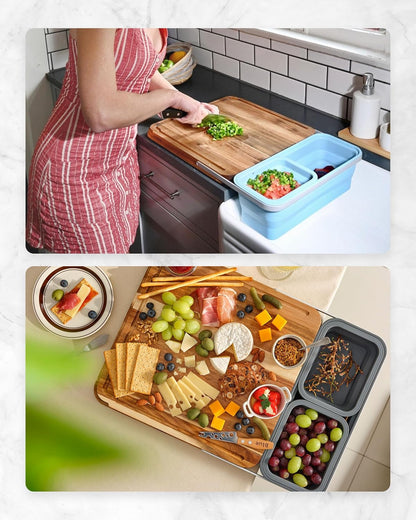 TidyBoard Meal Prep System Starter - Over-the-Sink Smart Chopping Board with 1 Large Strainer, Tubs, & Lids - 1” Thick Acacia Wood Cutting Board with Containers & Strainer, 12 pieces
