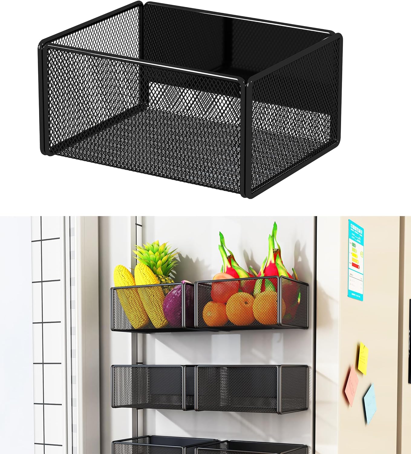Magnetic Basket Organizer Holder for Fridge Magnetic Storage Bin Box Containers for Refrigerator Whiteboard Classroom (Large, Black)