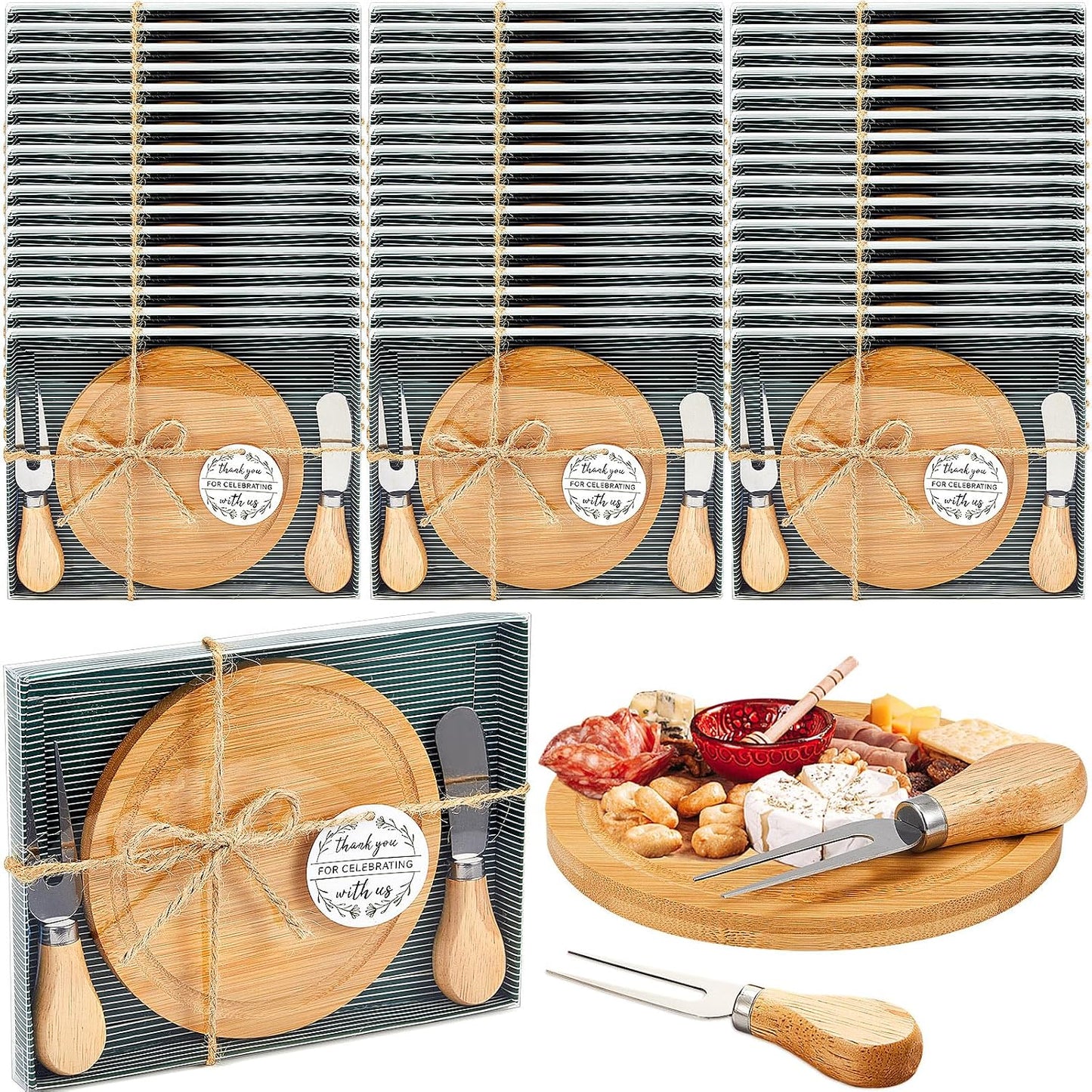 Maxcheck 6 Sets Baby Shower Bridal Game Prizes for Winners Round Cheese Board Set Wood Mini Charcuterie Board with Knives and Forks Thank You Card with Gift Box for Guests Wedding (Bamboo)