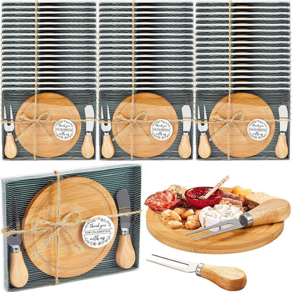 Maxcheck 6 Sets Baby Shower Bridal Game Prizes for Winners Round Cheese Board Set Wood Mini Charcuterie Board with Knives and Forks Thank You Card with Gift Box for Guests Wedding (Bamboo)