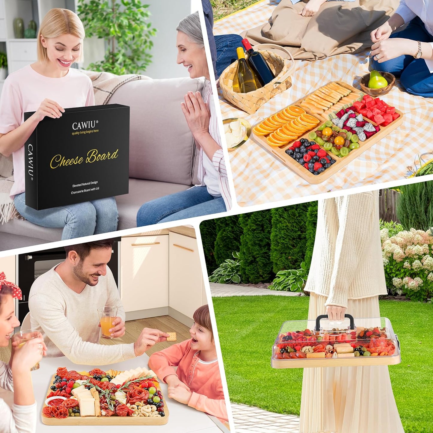 CAWIU Portable Travel Charcuterie Board with Lid and Handle - Large Bamboo Cheese Board with 4 Cheese Knife Set for Outdoor, Picnics - Weddings, House Warming Gift for Women (1 Compartment, White)
