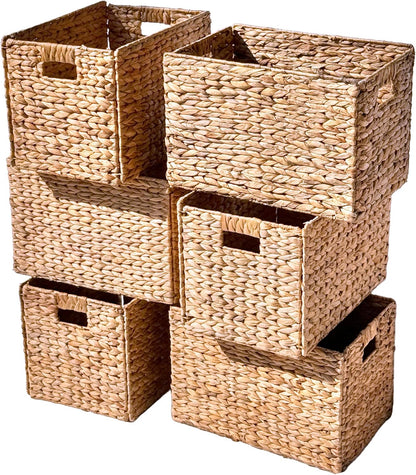 4 Hand-Woven Wicker Storage Baskets 13x11x11in, Water Hyacinth Shelf Bins | ECO-FRIENDLY & SUSTAINABLE