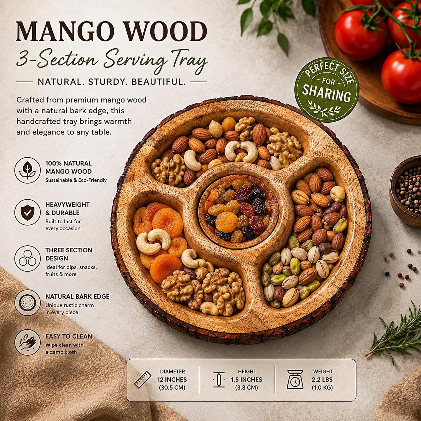 GoCraft Mango Wood Chip and Dip Serving Tray with Bowl, 4-Section Divided Appetizer Platter, Party Bowl Set for Chips & Salsa, Snacks, Entertaining, Hosting - Natural Brown, Rustic Bark Edge, 12.5"