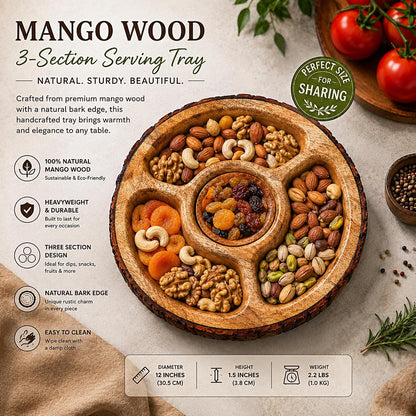 GoCraft Mango Wood Chip and Dip Serving Tray with Bowl, 4-Section Divided Appetizer Platter, Party Bowl Set for Chips & Salsa, Snacks, Entertaining, Hosting - Natural Brown, Rustic Bark Edge, 12.5"