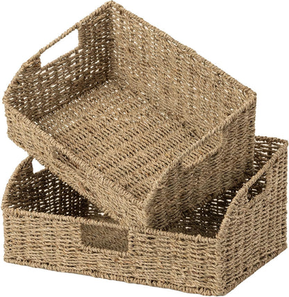 StorageWorks Water Hyacinth Pantry Storage Baskets, Wicker Baskets with Built-in Handles, Handwoven Shelf Baskets for Organizing, Pantry Organizers and Storage, 3 Pack