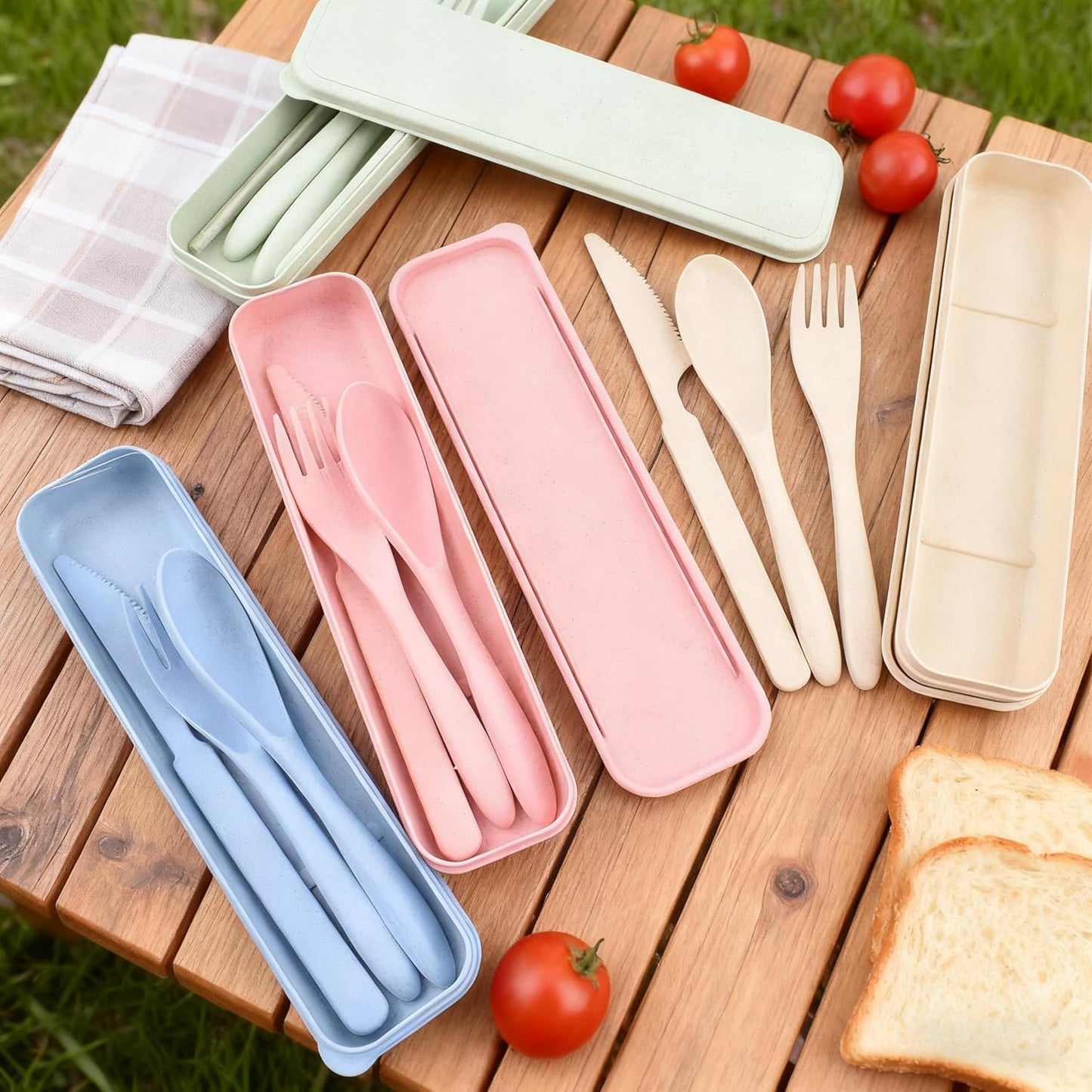 2 Pack Travel Utensils Set with Case, Wheat Straw Reusable Cutlery Set, Portable Spoon Knife Fork Tableware for Lunch Box, Picnic, Camping, Office, BPA Free for Adults Kids