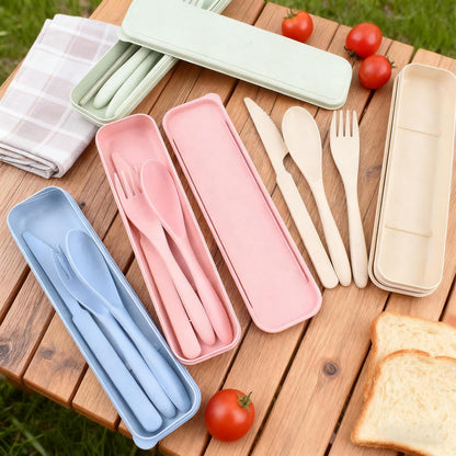 2 Pack Travel Utensils Set with Case, Wheat Straw Reusable Cutlery Set, Portable Spoon Knife Fork Tableware for Lunch Box, Picnic, Camping, Office, BPA Free for Adults Kids