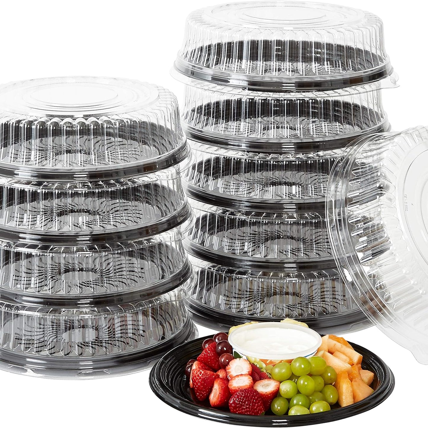 Avant Grub Heavy Duty, Recyclable 12 in. Serving Tray and Lid 5pk. Large, Black Plastic Party Platters with Clear Lids Dishware Plate, Elegant Round Banquet or Catering Trays for Serving Appetizers