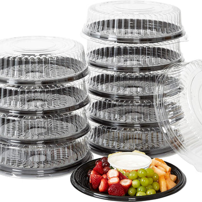 Avant Grub Heavy Duty, Recyclable 12 in. Serving Tray and Lid 5pk. Large, Black Plastic Party Platters with Clear Lids Dishware Plate, Elegant Round Banquet or Catering Trays for Serving Appetizers