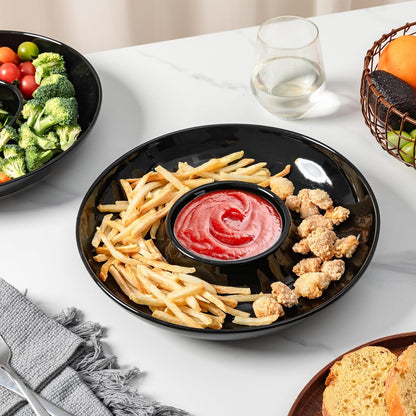 LEHAHA 12.25 inch porcelain Chip and Dip Serving Set, Ceramic Platters for Cheese, Appetizers &Chips Salsa, Fruit and Veggies, Divided Serving Trays for Family Gathering and Parties, Dark Creamy
