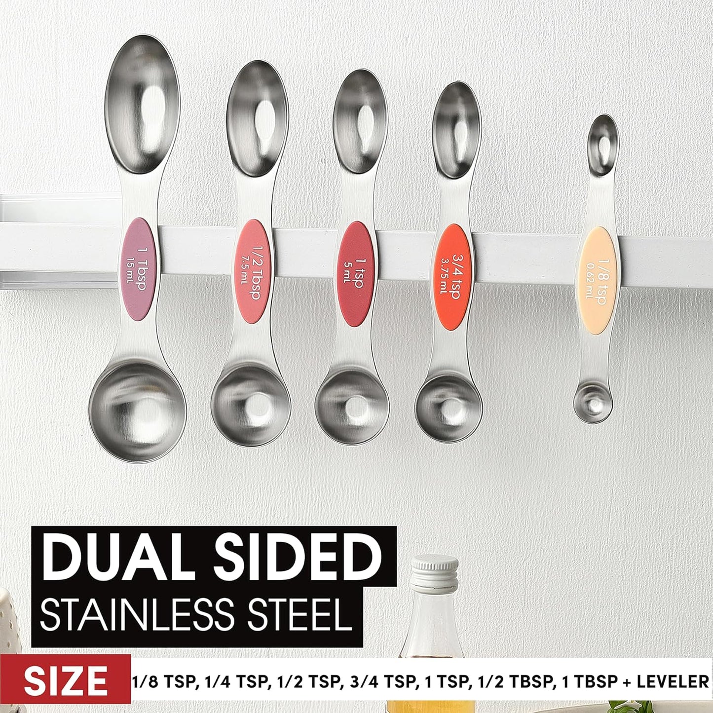 Spring Chef Stainless Steel Magnetic Measuring Spoons Set with Strong N45 Magnets, Heavy Duty Metal Kitchen Gadgets for Baking & Cooking, Fits in Most Kitchen Spice Jars, Set of 8 with Leveler, Black