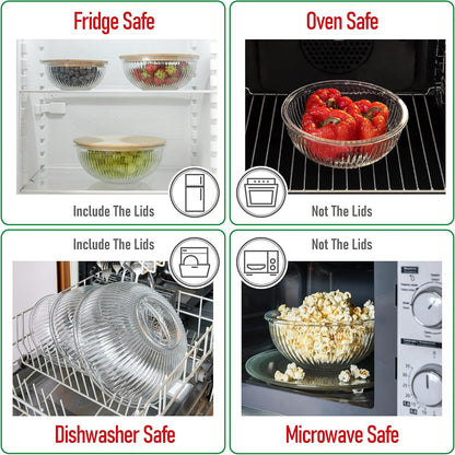 Set of 4 Stackable Space-Saving Nesting Glass Bowls with Airtight Acacia Lids for Lunch, Meal & Food Prep - Microwave & Oven-ready BPA Free Durable Heat Resistant Inert Borosilicate Glass