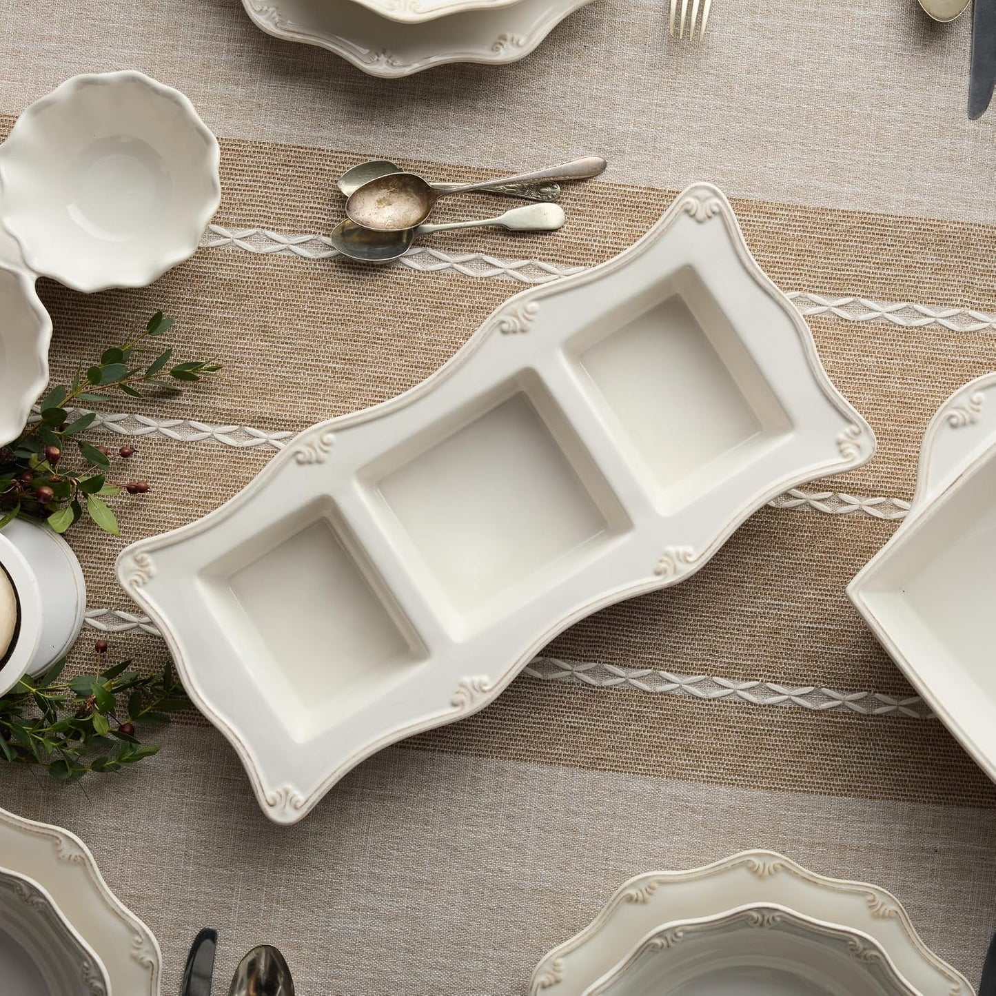 Heritage Ivory 3-Section Stoneware Relish Tray – Elegant 15” x 7” Divided Server for Condiments, Dips & Appetizers – Vintage-Inspired Entertaining Piece with Sculpted Detail